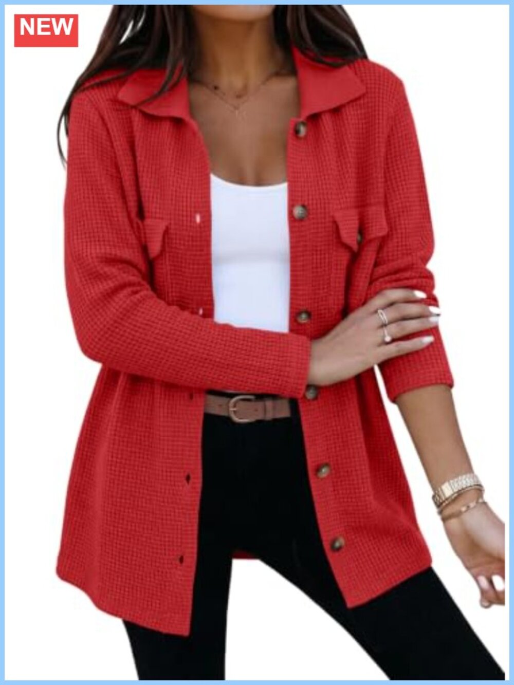 Waffle Chunky Knit Cardigan Shacket Button Down Loose Fit Women Sweater